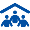 Blue icon of three figures under a roof, symbolizing a community or shelter.