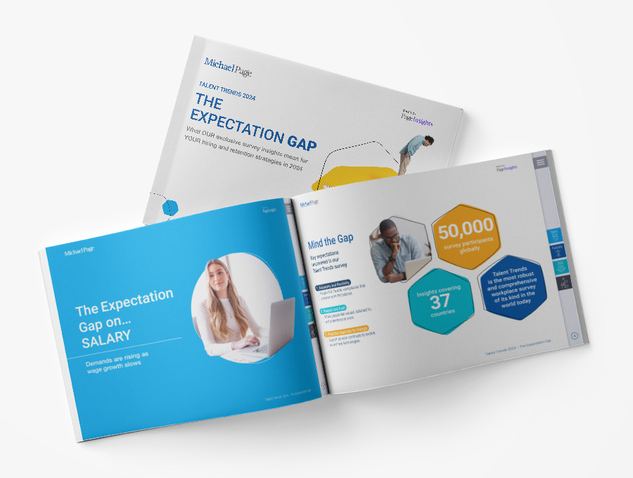 Open brochures discussing salary expectation gaps and survey insights.