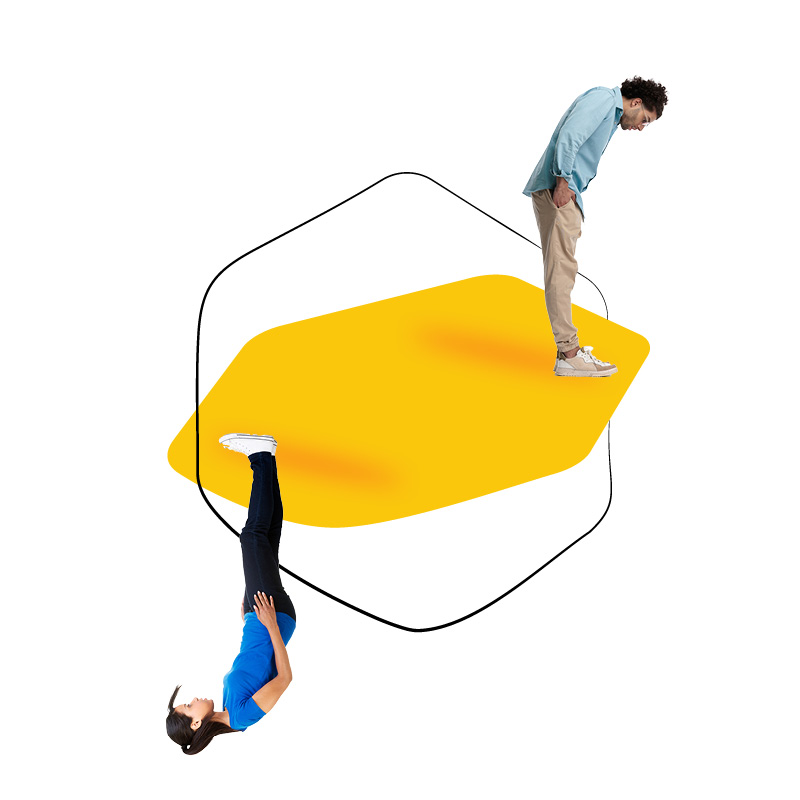 Two people interacting on a yellow geometric shape.
