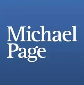 Michael Page logo of a white Serif font against a Kashmir blue background