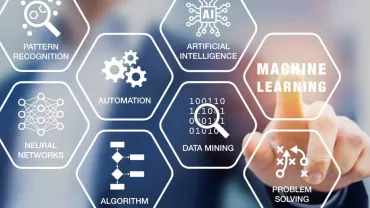 Hexagonal icons showing machine learning concepts and a hand pointing at the center.