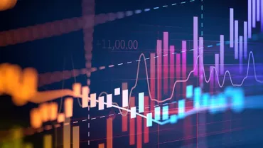 Colorful financial graph showing fluctuating market trends on a digital screen.