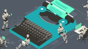 Illustration of robots using a giant typewriter with laptops and tablets.