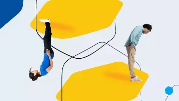 Two people balancing on abstract yellow shapes in a surreal composition.