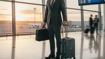 A professional woman in a suit at an airport, representing the essence of cross-border hiring and global recruitment.