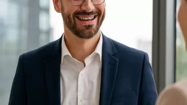 Three middle managers engaging in a networking session.