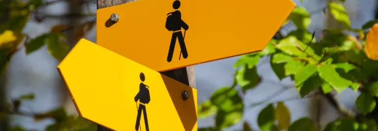 Two yellow hiking trail signs with backpack icons on a wooden post in a forest setting.