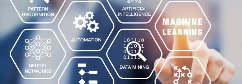 Hexagonal icons showing machine learning concepts and a hand pointing at the center.
