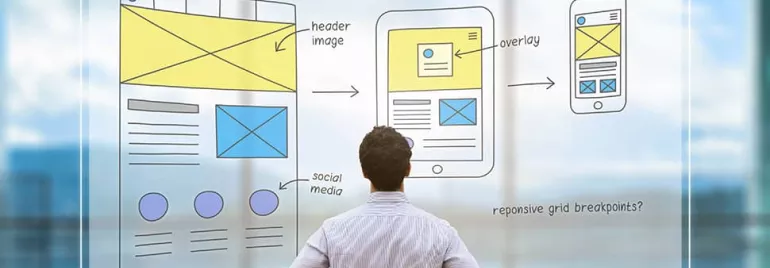Person observing a flowchart of responsive web design on a glass window.