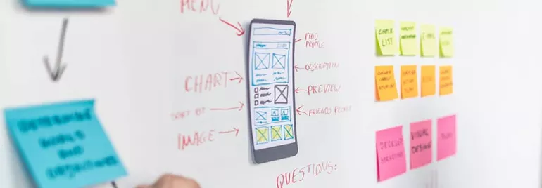 Wall with mobile app wireframe and sticky notes.