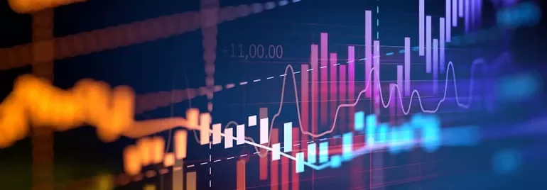 Colorful financial graph showing fluctuating market trends on a digital screen.