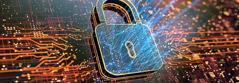 Digital padlock symbolizing cybersecurity over a circuit board background.