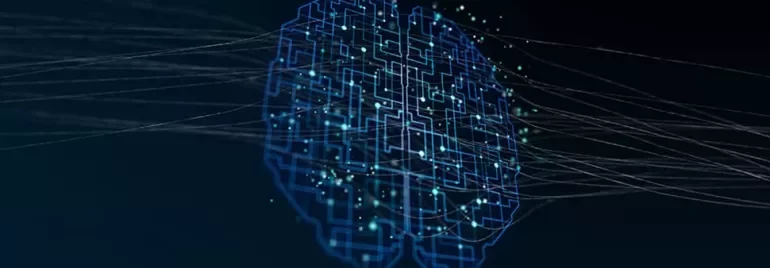 Abstract digital brain with glowing circuits and lines on a dark background.