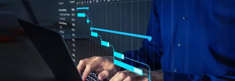 Person typing on laptop with Gantt chart overlay.
