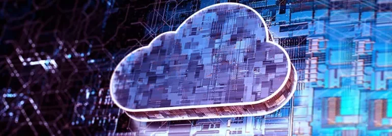 Digital cloud graphic with circuit board background, symbolizing cloud computing technology.