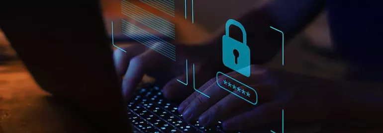 Hands typing on a keyboard with a digital security lock overlay.