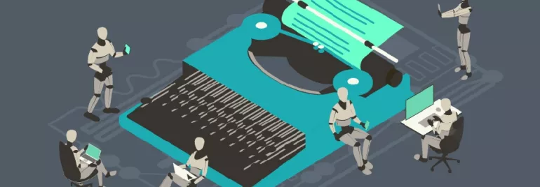 Illustration of robots using a giant typewriter with laptops and tablets.