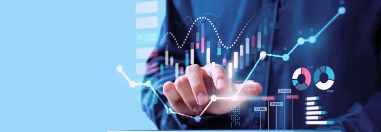 Person analyzing interactive digital charts and graphs on a screen.