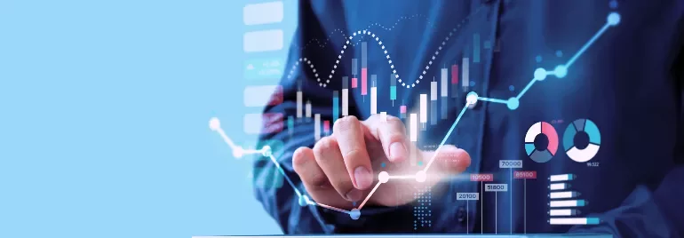 Person analyzing interactive digital charts and graphs on a screen.