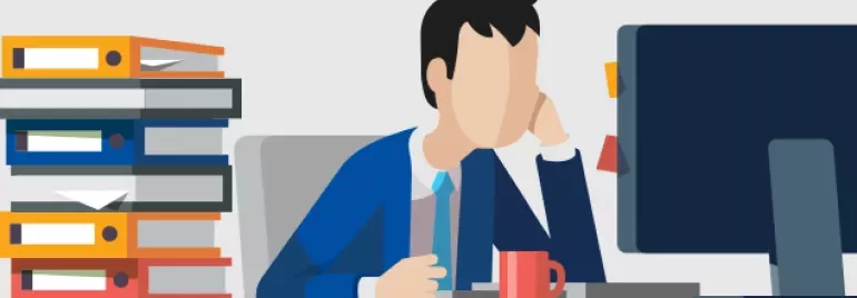 Illustration of a tired office worker at desk with computer and stack of folders.