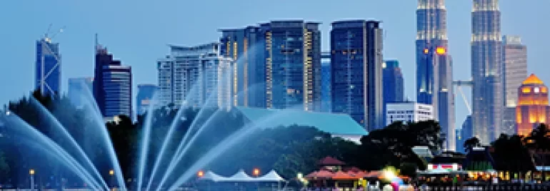 Night view of a city skyline with tall towers and a fountain in the foreground.