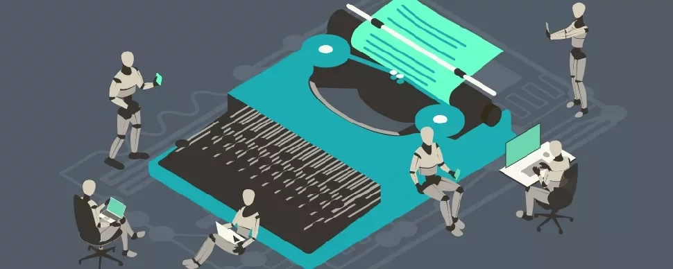 Illustration of robots using a giant typewriter with laptops and tablets.