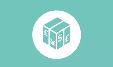 Icon of a package with currency symbols: pound, dollar, yen on a teal background.