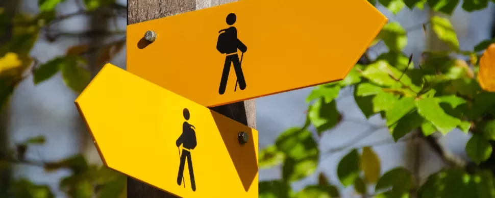 Two yellow hiking trail signs with backpack icons on a wooden post in a forest setting.
