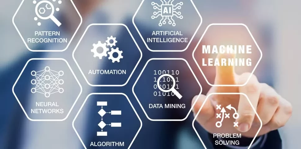 Hexagonal icons showing machine learning concepts and a hand pointing at the center.