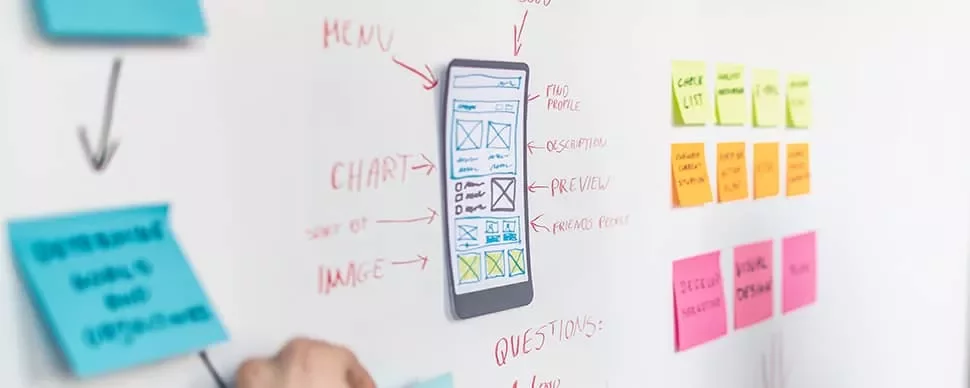 Wall with mobile app wireframe and sticky notes.