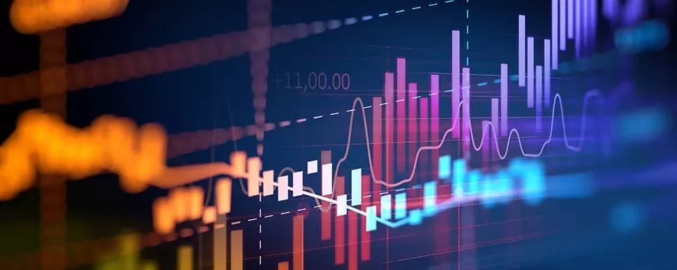 Colorful financial graph showing fluctuating market trends on a digital screen.
