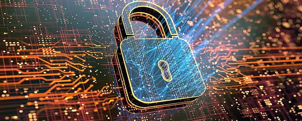 Digital padlock symbolizing cybersecurity over a circuit board background.