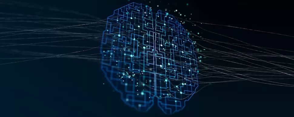 Abstract digital brain with glowing circuits and lines on a dark background.