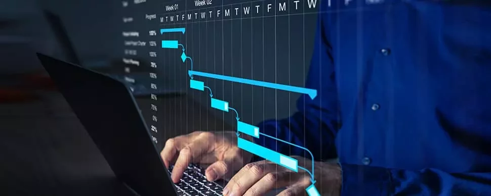 Person typing on laptop with Gantt chart overlay.