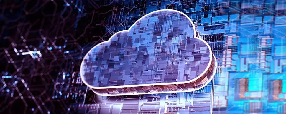 Digital cloud graphic with circuit board background, symbolizing cloud computing technology.