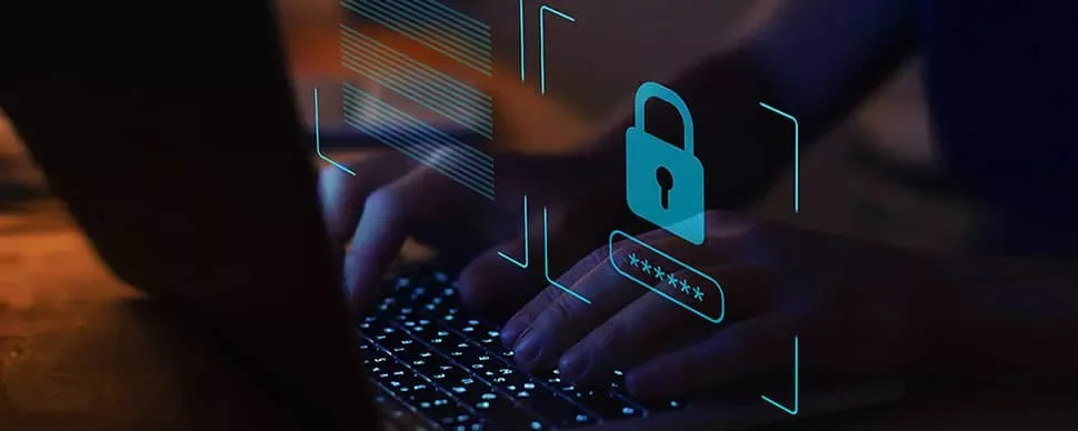 Hands typing on a keyboard with a digital security lock overlay.