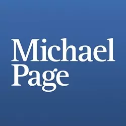 Michael Page logo of a white Serif font against a Kashmir blue background