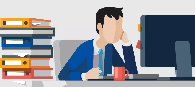 Illustration of a tired office worker at desk with computer and stack of folders.