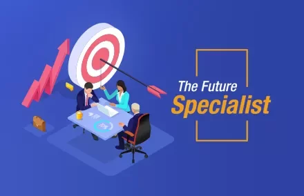 Illustration of three people at a table with a target and arrow, titled The Future Specialist.